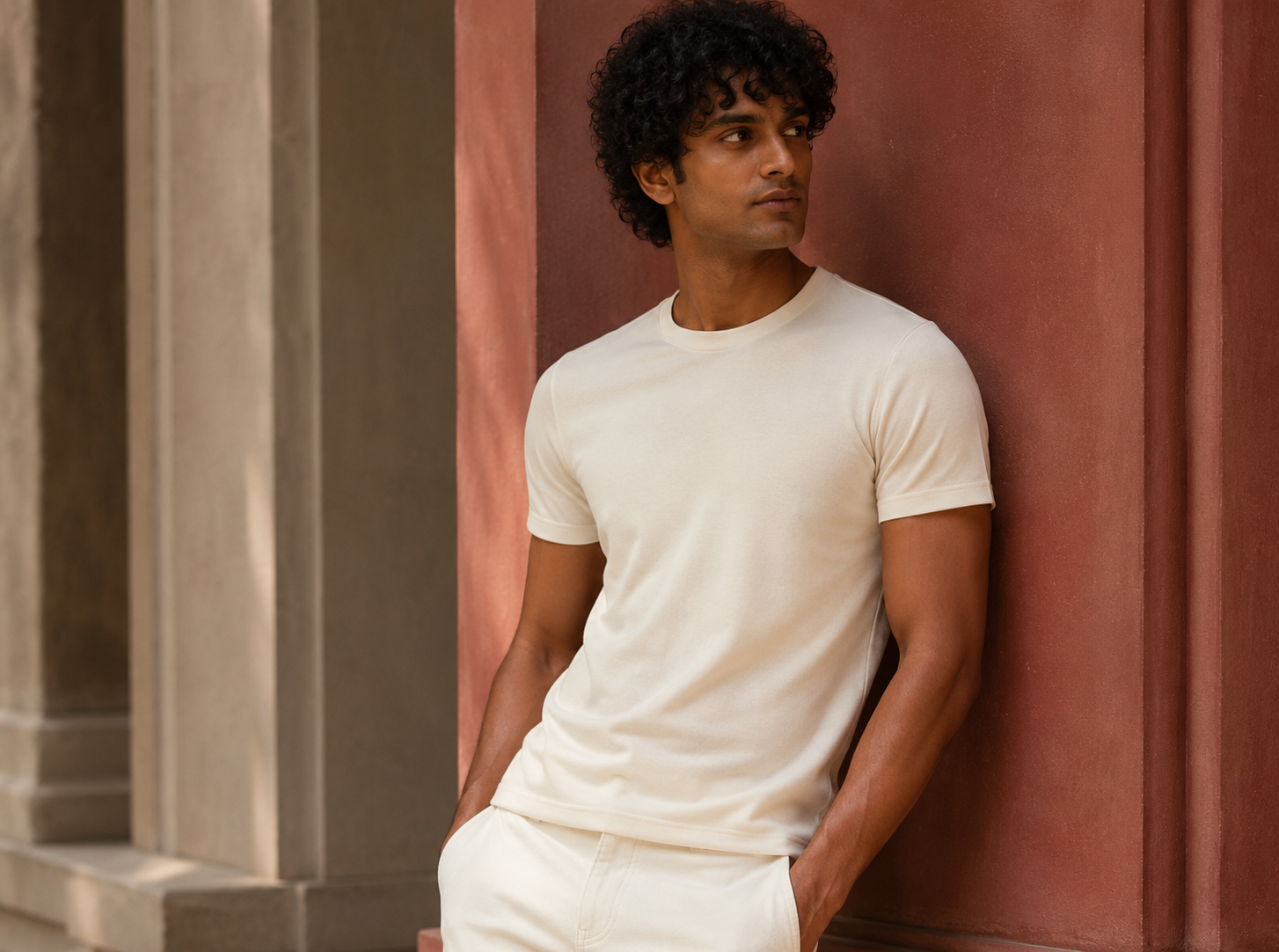 Model in a cream tee and trousers against a red wall