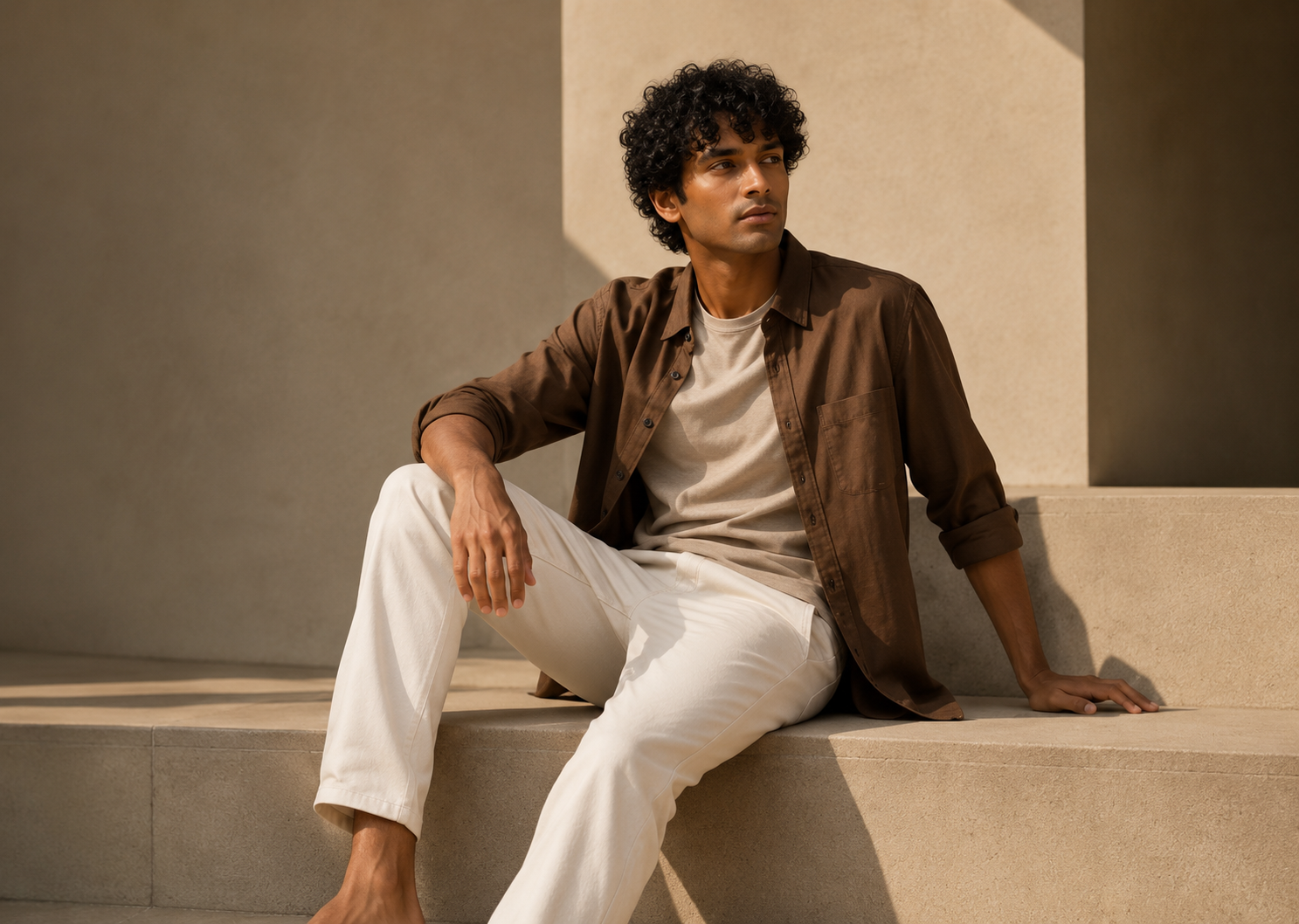 Model in a brown overshirt and cream trousers on sunlit steps